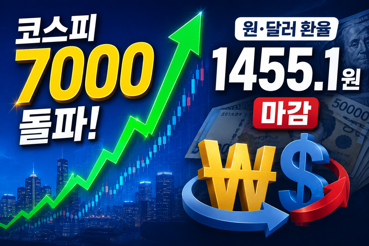 코스피 7000 돌파에 원·달러 1455.1원 마감, 환율 7.7원 하락 이유