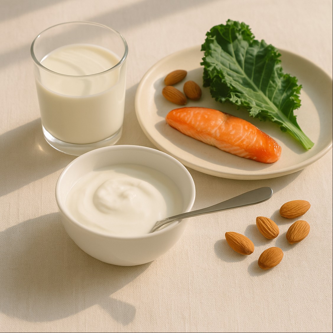 뼈에 좋은 식품 아침 식탁 우유 요거트 연어 케일 아몬드