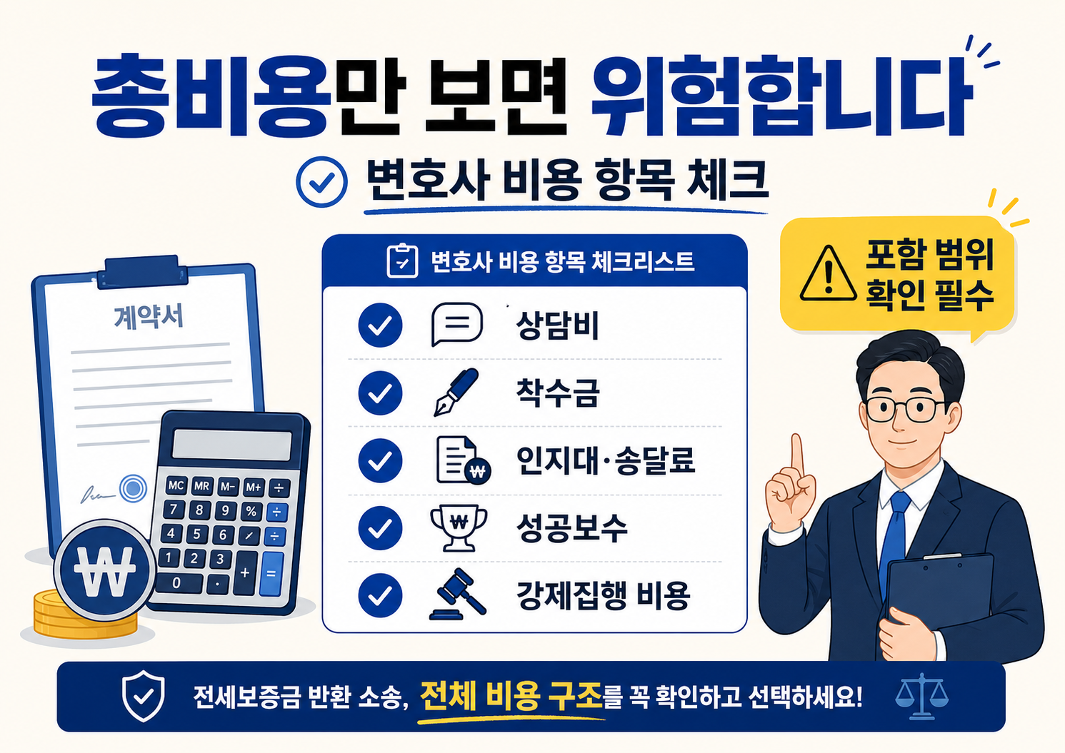 전세보증금 반환소송 변호사 비용을 상담비, 착수금, 인지대와 송달료, 성공보수, 강제집행 비용으로 나누어 확인해야 한다는 내용을 정리한 법률 정보 인포그래픽 이미지