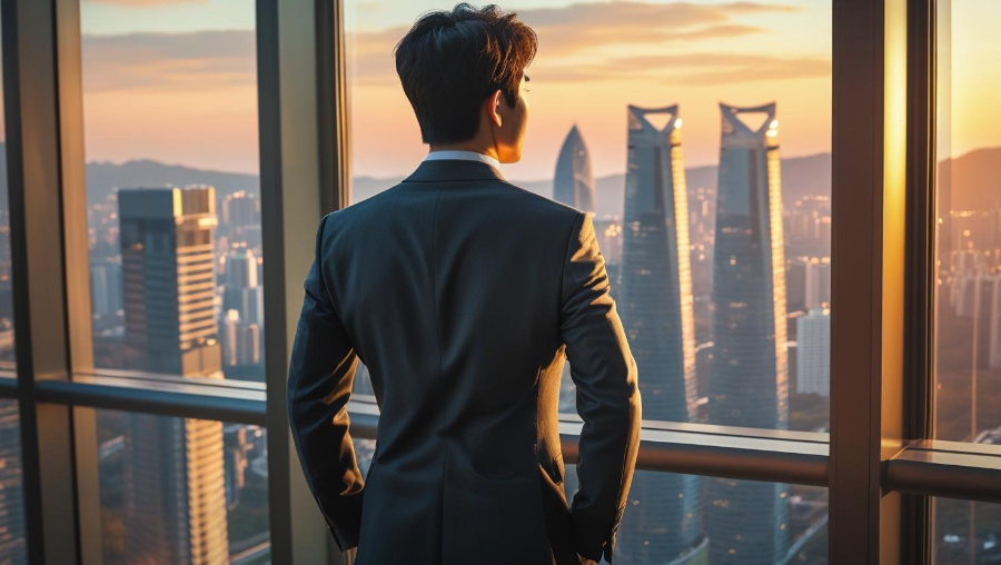 고층 빌딩에서 자신감 있는 비즈니스맨의 뒷모습