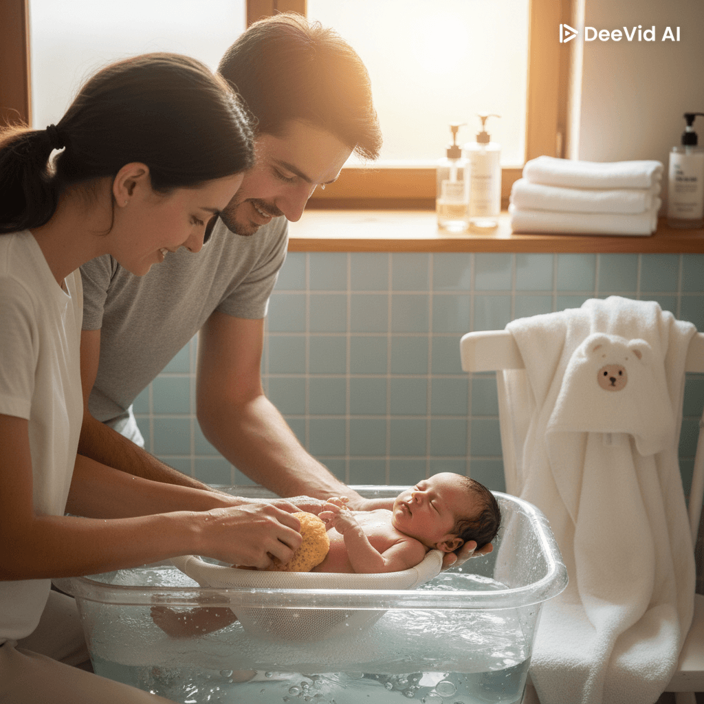 부모가 신생아를 부드럽게 목욕시키며 안정적인 일상 루틴을 만들어주는 평화로운 장면.