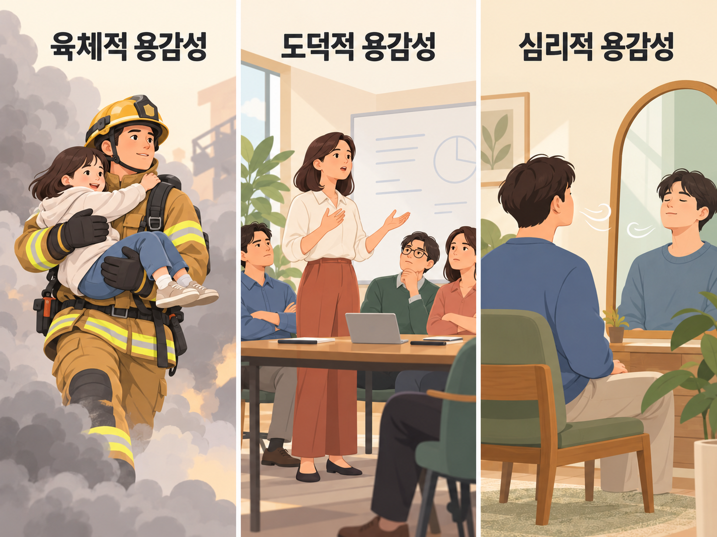 연기 속에서 아이를 구하는 소방관, 회의에서 홀로 일어나 의견을 말하는 사람, 거울 속 자신과 마주한 사람을 나란히 그린 그림
