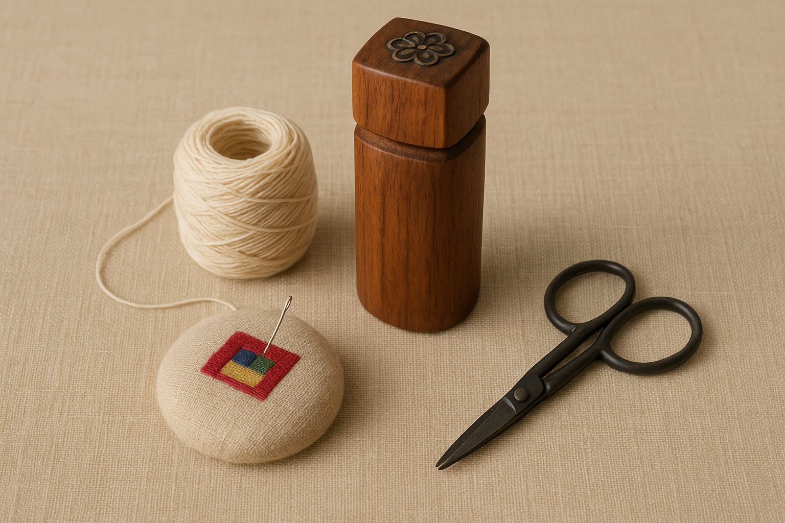 전통 바늘집과 바느질 도구가 가지런히 놓인 모습