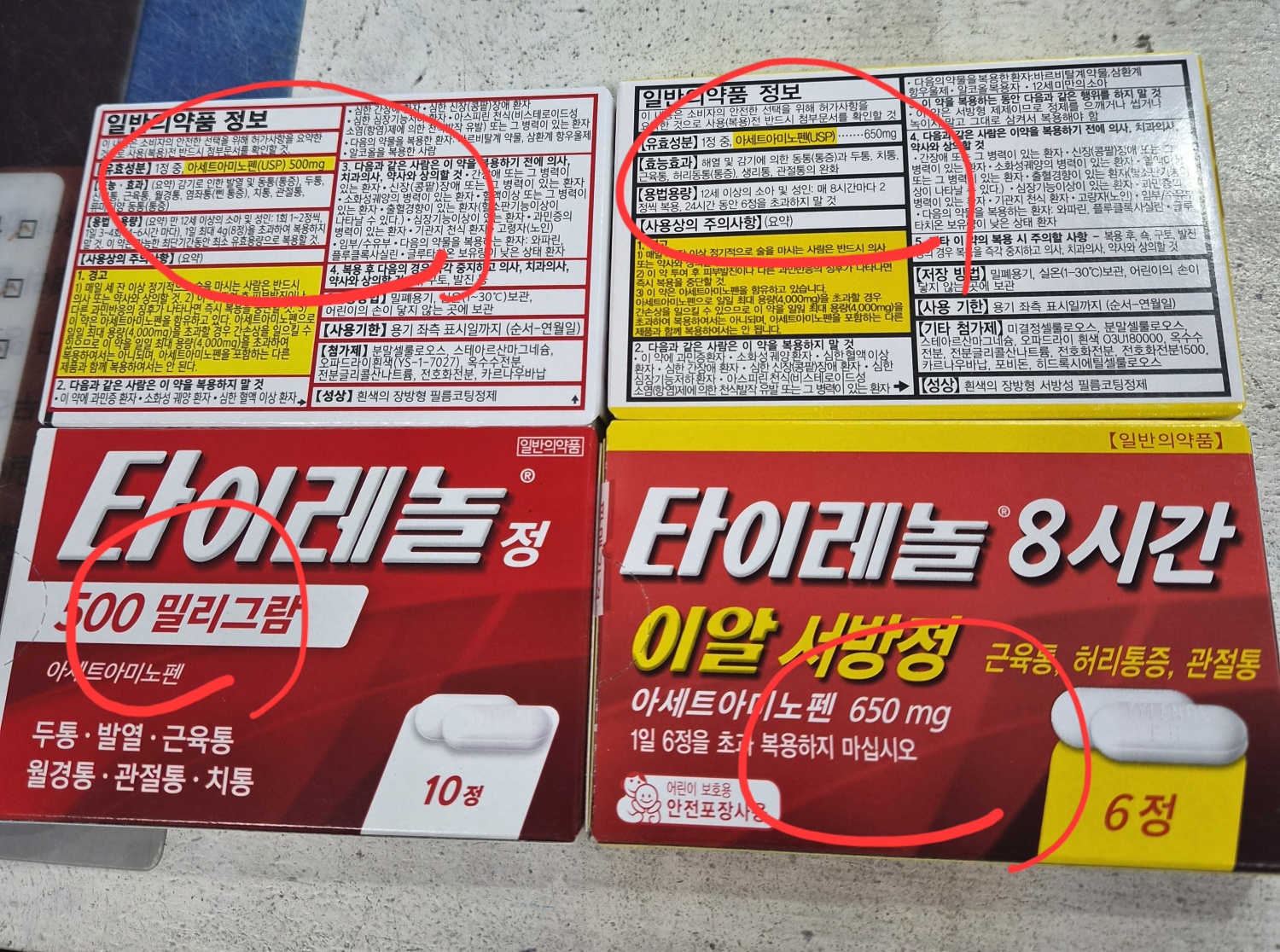 타이레놀 속방정과 타이레놀 서방정의 비교사진