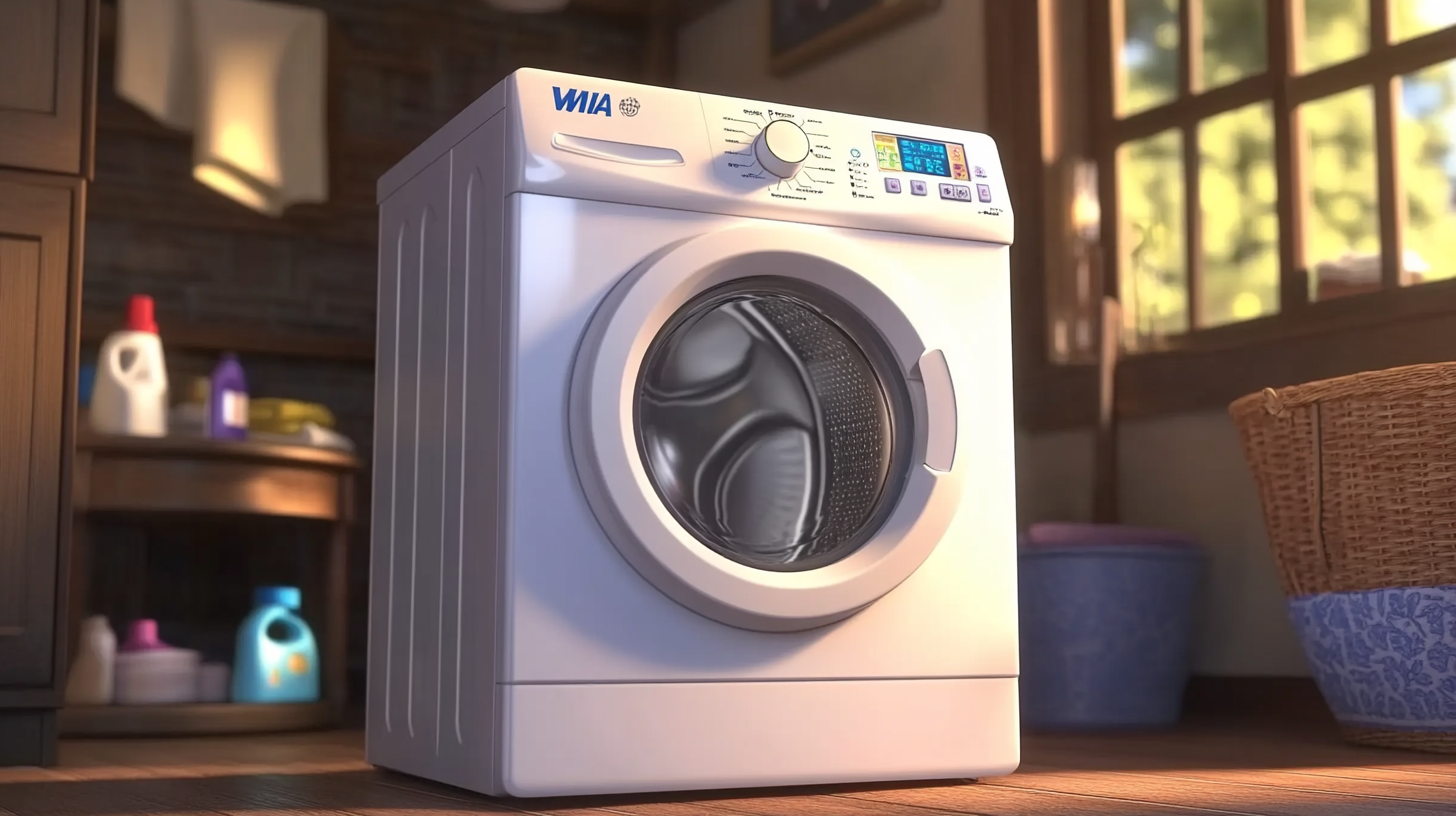 아늑한 아파트 세탁실에 놓인 합리적인 가격의 위니아 세탁기, 사용하기 쉬운 인터페이스