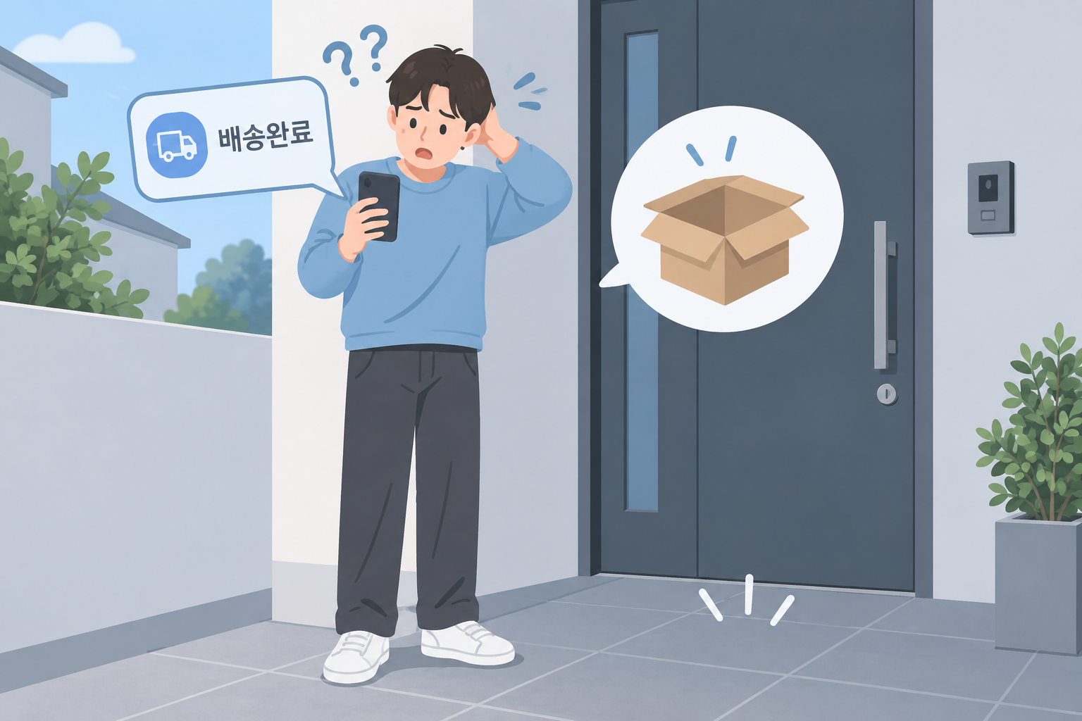 배송완료 알림은 왔는데 물건이 없어 당황하는 사람을 그린 플랫 일러스트