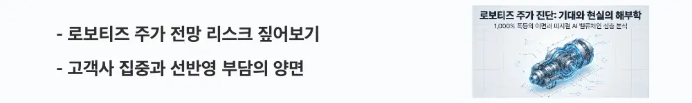 로보티즈 주가 전망: '로보티즈 주가 전망 리스크 짚어보기'라는 문구가 포함된 웹배너 이미지. 이 이미지는 로보티즈의 밸류에이션 부담과 고객사 집중 의존 등 투자 리스크를 시각적으로 전달하며, 블로그의 로보티즈 주가 전망 주제와 관련된 내용을 설명함