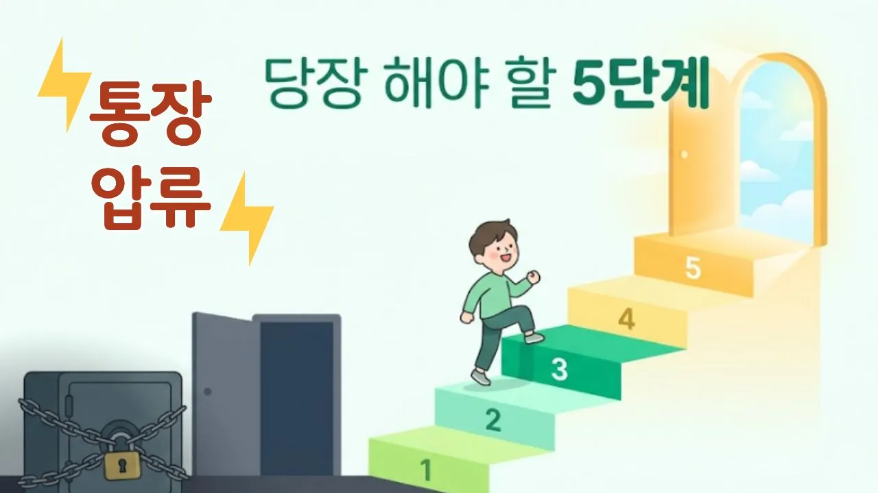 통장 압류 상황을 극복하는 5단계 대응법을 묘사한 일러스트입니다. 하단에는 단단히 잠긴 자물쇠와 어두운 배경으로 압류의 막막함을 표현했습니다. 그 위로 1부터 5까지 번호가 적힌 밝은 계단이 이어지며, 한 인물이 밝은 표정으로 계단을 밟고 올라가 환하게 빛나는 열린 문으로 향하고 있습니다. 상단에는 '당장 해야 할 5단계'라는 문구가 배치되어, 순차적인 해결 절차와 희망적인 결과를 직관적으로 전달합니다