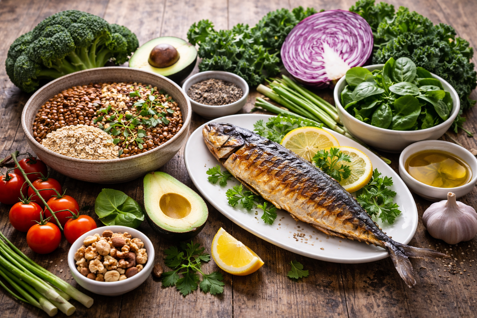 혈관 건강을 위한 신선한 식품. 렌틸콩을 곁들인 통곡물 귀리, 신선한 그릴 고등어, 다양한 선명한 초록색 및 보라색 채소