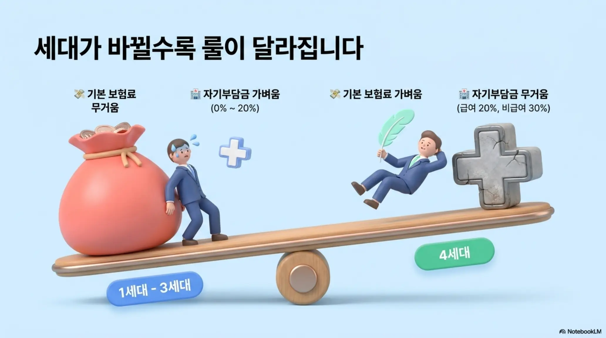 실손보험 4세대 전환 방법: 실손보험 1세대부터 4세대까지 기본 보험료와 자기부담금 비율의 트레이드오프 관계를 시소 그래픽으로 비교한 인포그래픽 이미지