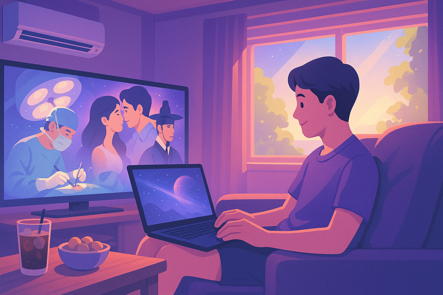 여름 방학 드라마 정주행을 표현하는 이미지