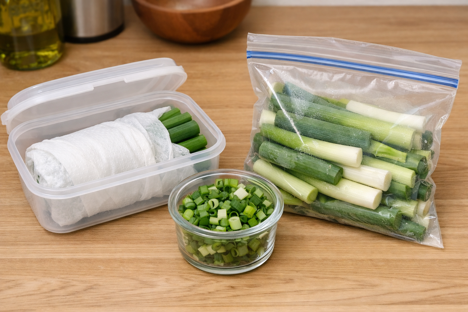 손질한 대파를 냉장과 냉동 보관용으로 나눠 담은 모습