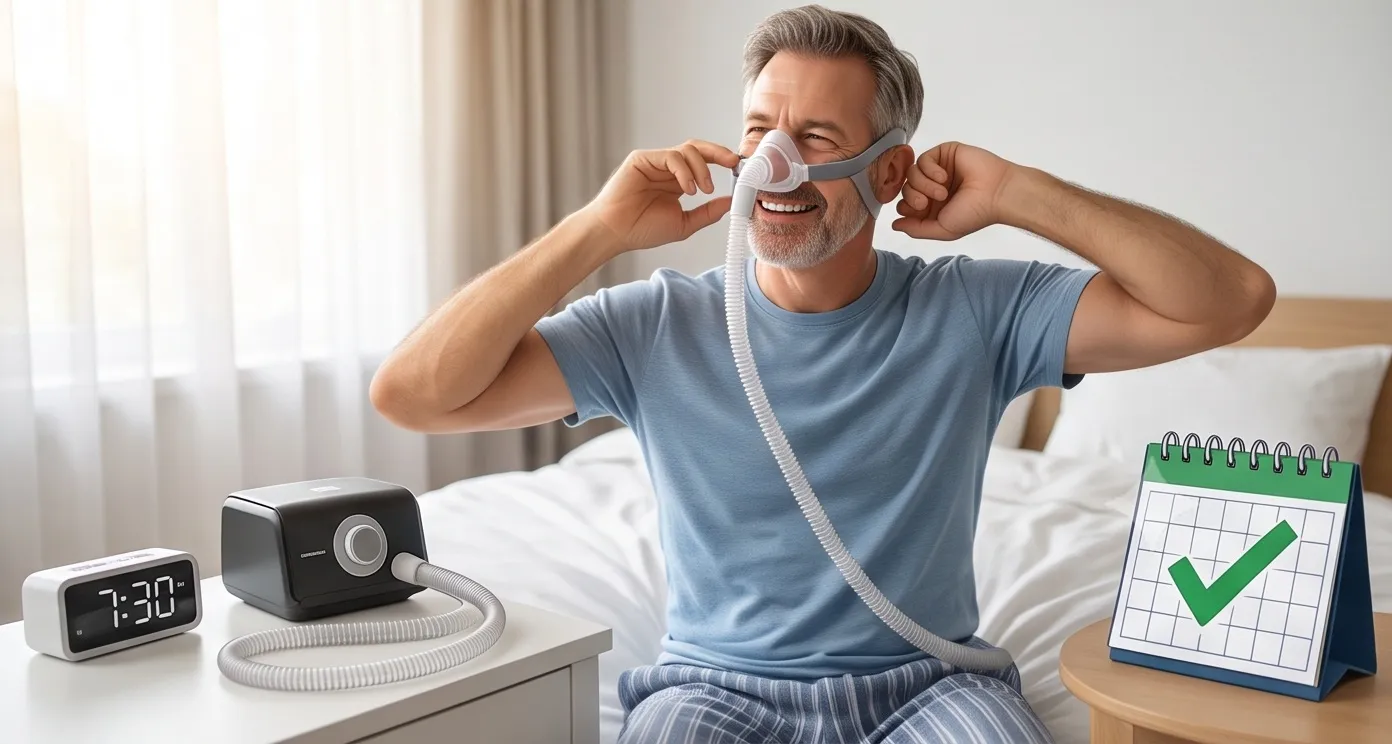 침대에 앉아 웃으며 코마스크 형태의 양압기(CPAP)를 착용하고 있는 중년 남성과 협탁 위의 양압기 기기, 디지털시계, 체크표시가 된 달력