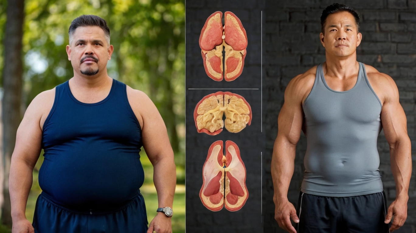 40대 이후 복부비만 관리 전후 모습과 지방 감소를 보여주는 단면 비교 사진