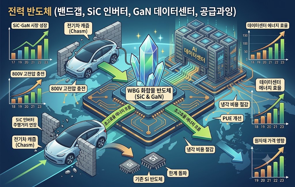기존 실리콘 반도체의 한계를 극복하고 전기차 캐즘 돌파와 AI 인프라 효율화를 주도하는 SiC 및 GaN 전력 반도체의 핵심 기술력