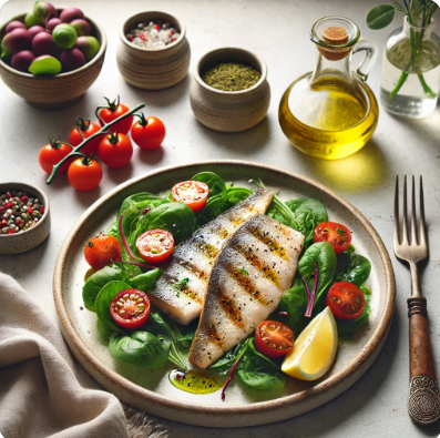 A nutritious, easy-to-make meal featuring grilled seasonal fish with fresh vegetables like leafy greens and cherry tomatoes, showcasing a minimalist and health-conscious lifestyle.