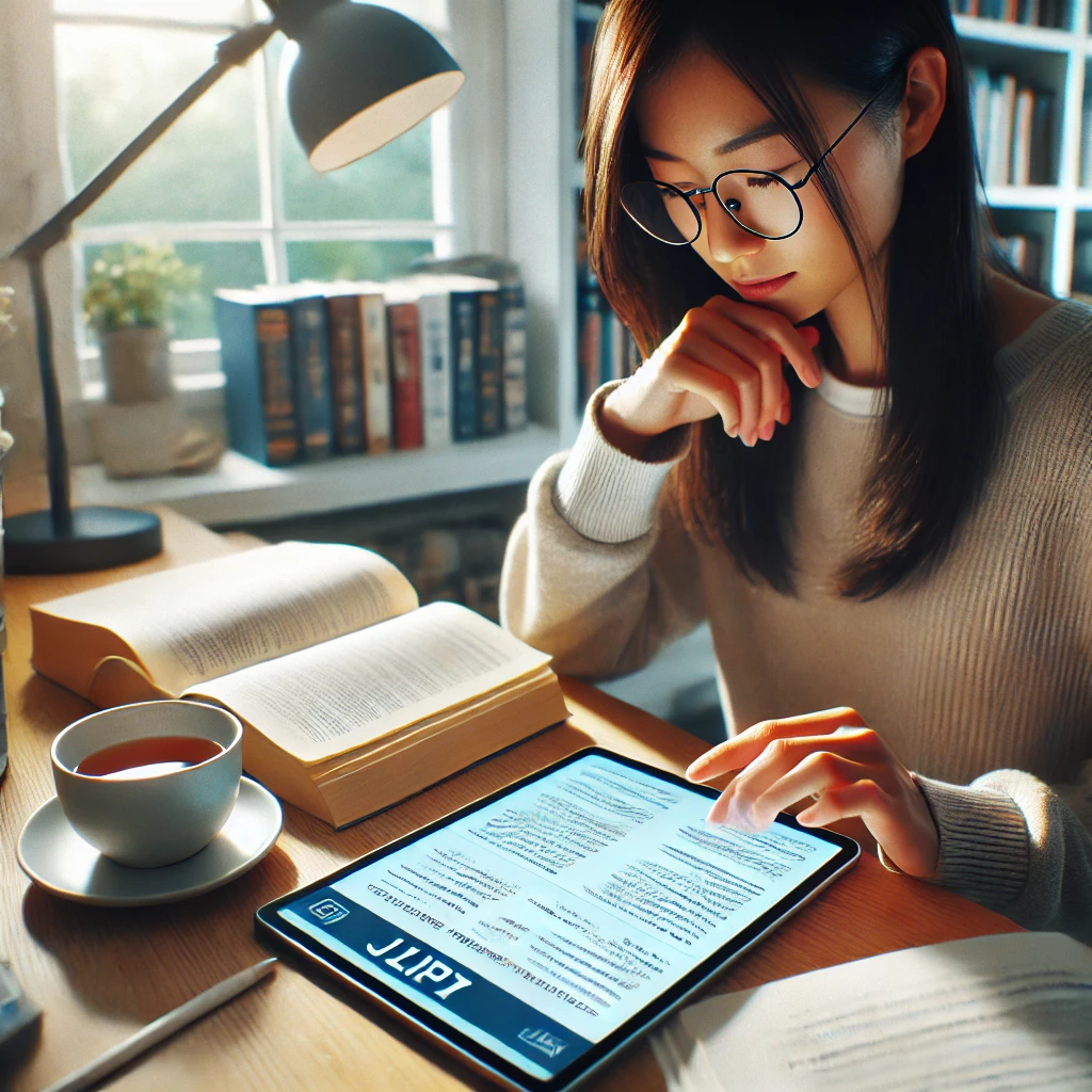 JLPT 독해 연습을 위해 태블릿을 분석하는 학생