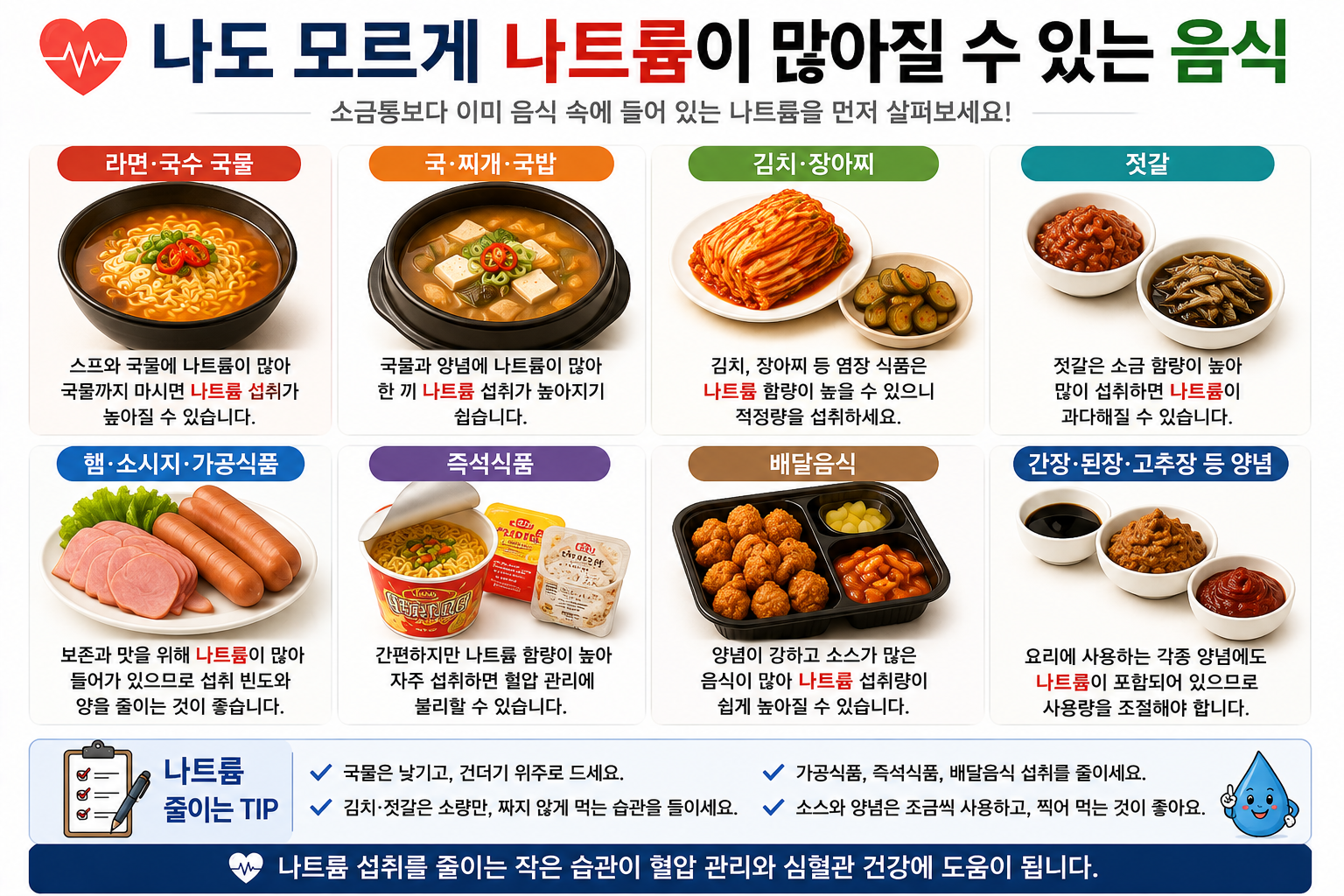 국물&middot;염장 반찬&middot;가공식품&middot;양념 등 나트륨을 확인할 식품군 예시