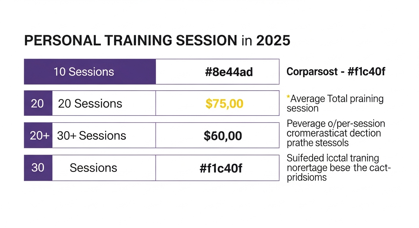 2025년 퍼스널 트레이닝 세션 횟수별 평균 비용 비교표. 10회, 20회, 30회 이상 세션의 총 비용과 회당 단가가 명확하게 제시되어, PT 비용 계획을 세우는 데 도움을 줍니다.