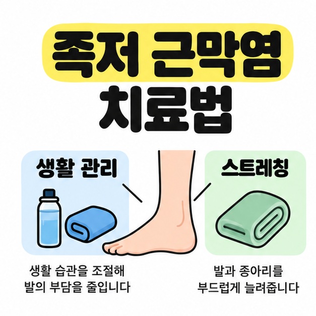 족저 근막염 치료법 제목 아래 발 그림과 생활 관리, 스트레칭을 연결해 기본 치료를 보여주는 썸네일