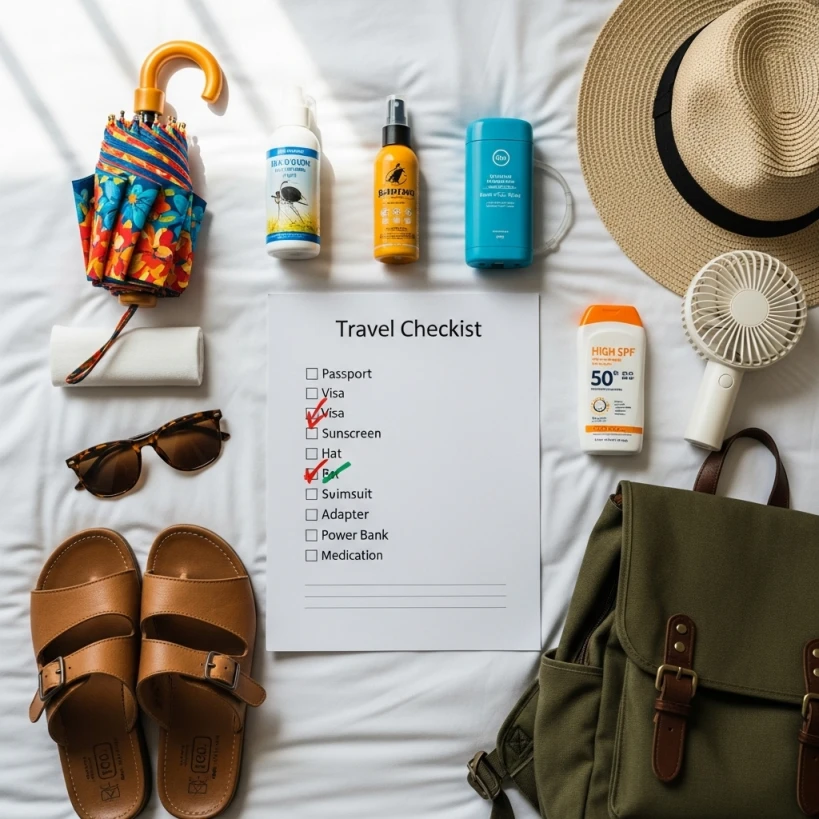 다낭 여행 필수 준비물 (우산, 모기 기피제, 샤워 필터, 편한 신발)이 놓인 여행 체크리스트