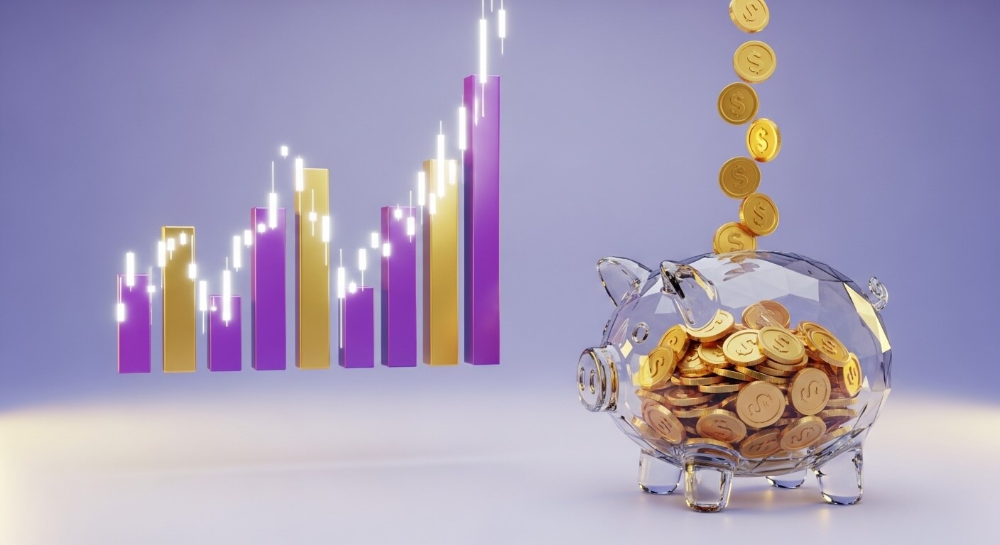 투명한 돼지저금통에 금화가 들어가고 채워져 있고 뒤에는 주가의 그래프가 있다