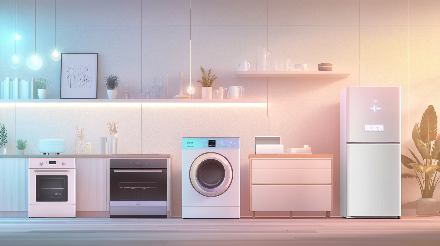 에너지 효율성을 강조한 가전제품 일러스트, 평화로운 가정환경 속에서 지속 가능성을 전하는 따뜻한 비주얼