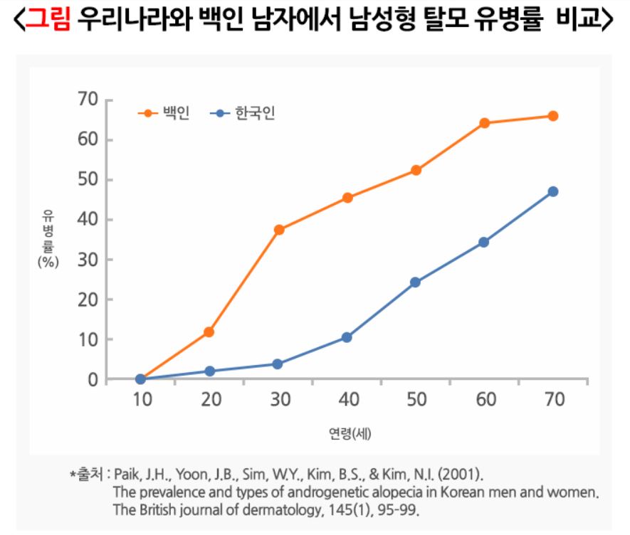 우리나라와-백인남자의-탈모-유병률을-비교한-그래프