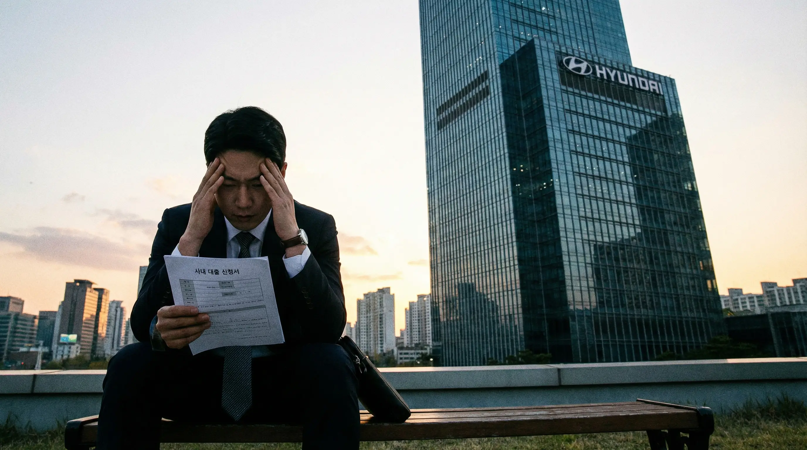 사내 대출 신청서를 들고 고민하는 직장인과 그 뒤로 보이는 회사의 높은 빌딩 이미지