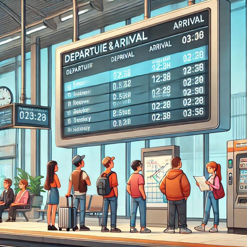 디지털 열차 시간표를 확인하는 여행자들이 포함된 만화 스타일의 기차역 장면