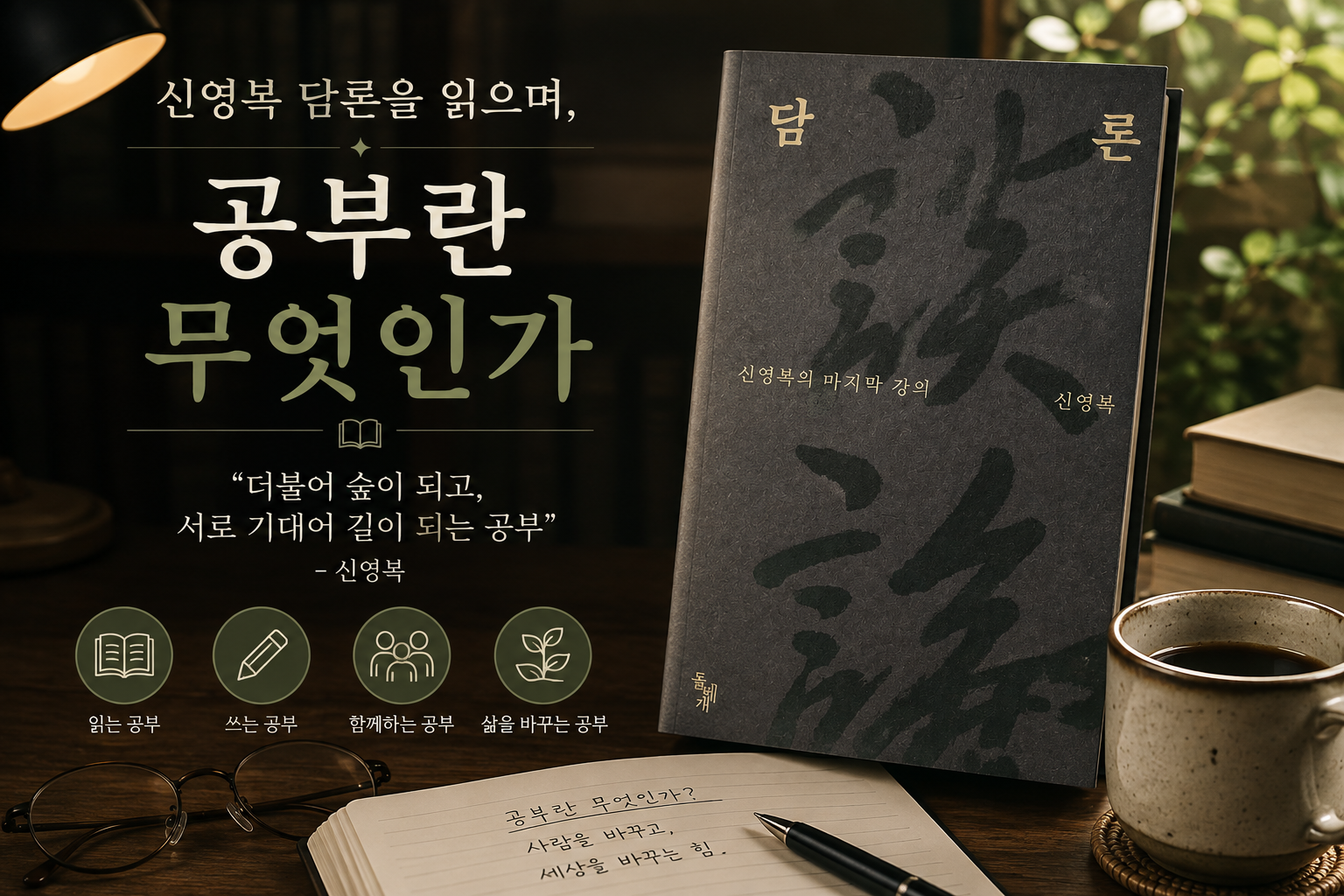 신영복 『담론』을 읽으며 공부란 무엇인가를 탐구하는 독서 리뷰 썸네일. 책과 노트, 커피잔이 있는 서재 분위기에서 읽기와 쓰기, 함께하는 공부의 의미를 표현한 이미지.