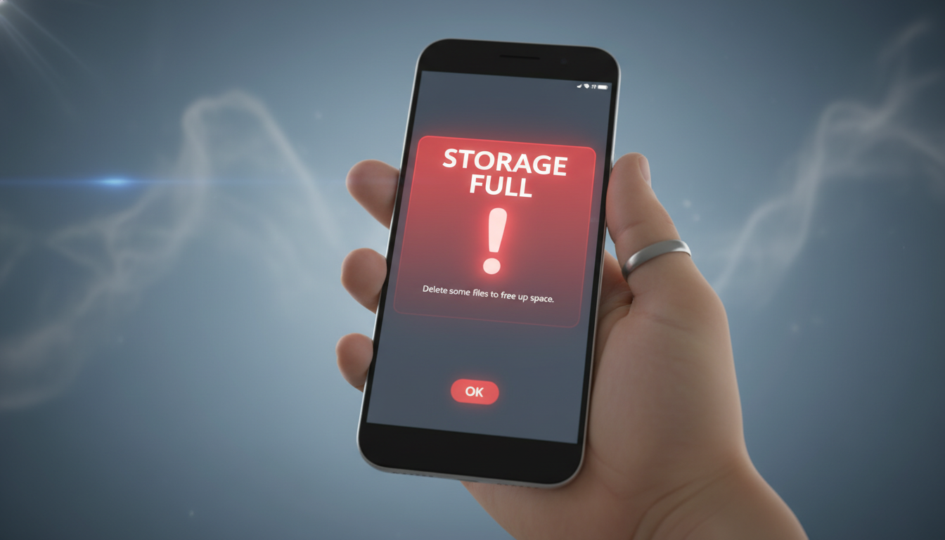 스마트폰 화면에 저장 공간 부족 경고 메시지가 떠 있는 모습
