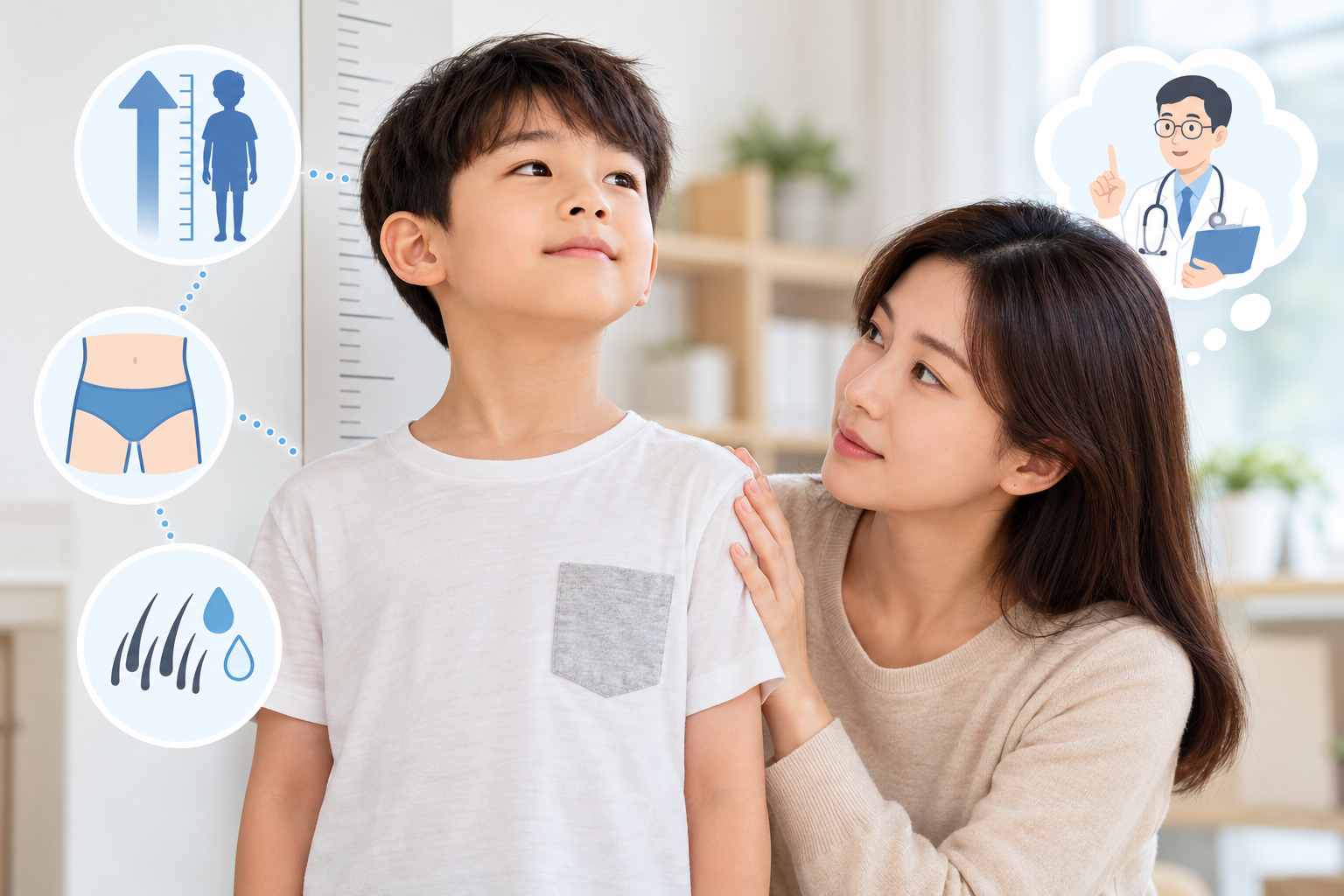 남자아이 성조숙증과 성장 변화를 걱정하는 부모와 아이