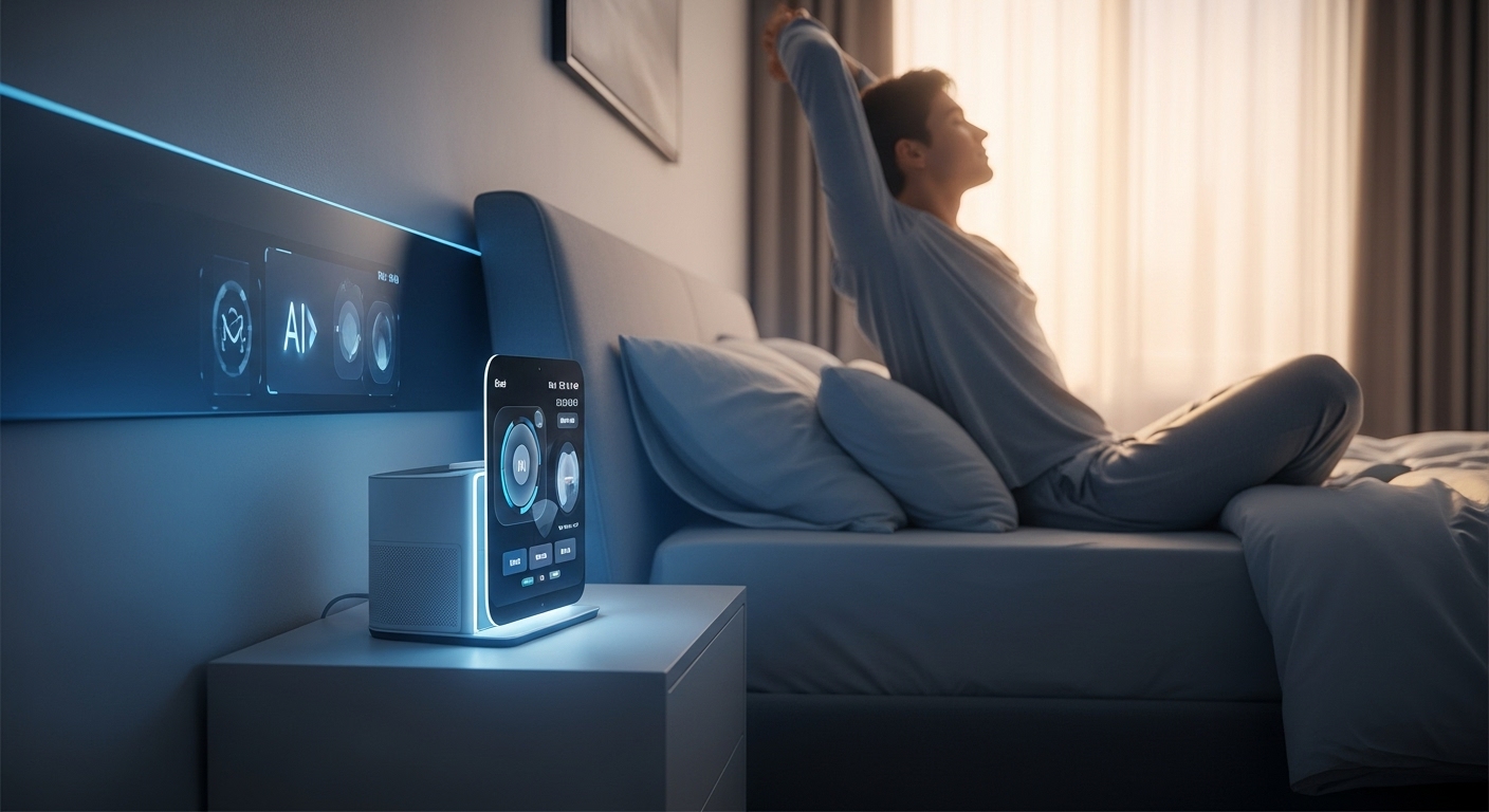 2025년, AI 스마트 기기의 도움으로 평화롭게 잠에서 깨어나 아침 명상 또는 스트레칭을 하는 사람의 모습