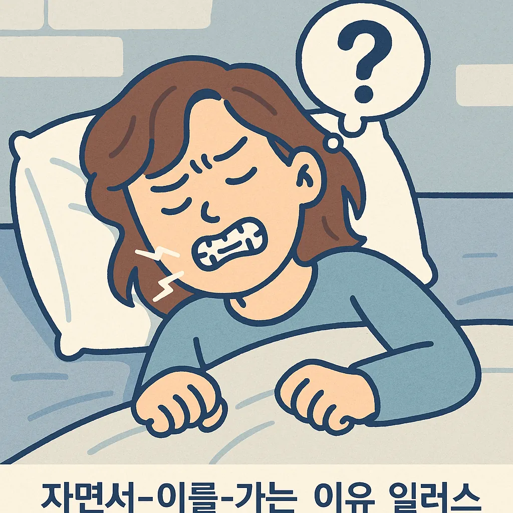자는-중에-이를-가는-여성이-고통스러운-표정을-짓고있는-모습을-표현한-일러스트로-질문표시와-이갈이-소리를-강조함