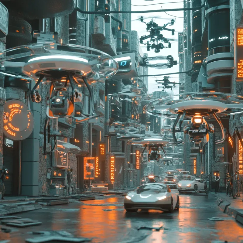 AI로 운영되는 자율주행차와 드론이 어우러진 미래 도시 풍경, AI 기술이 기술 발전에 미치는 변화를 강조. 고급스러운 야경과 높은 기술 수준을 반영해 반도체 산업의 미래 가치를 시사.