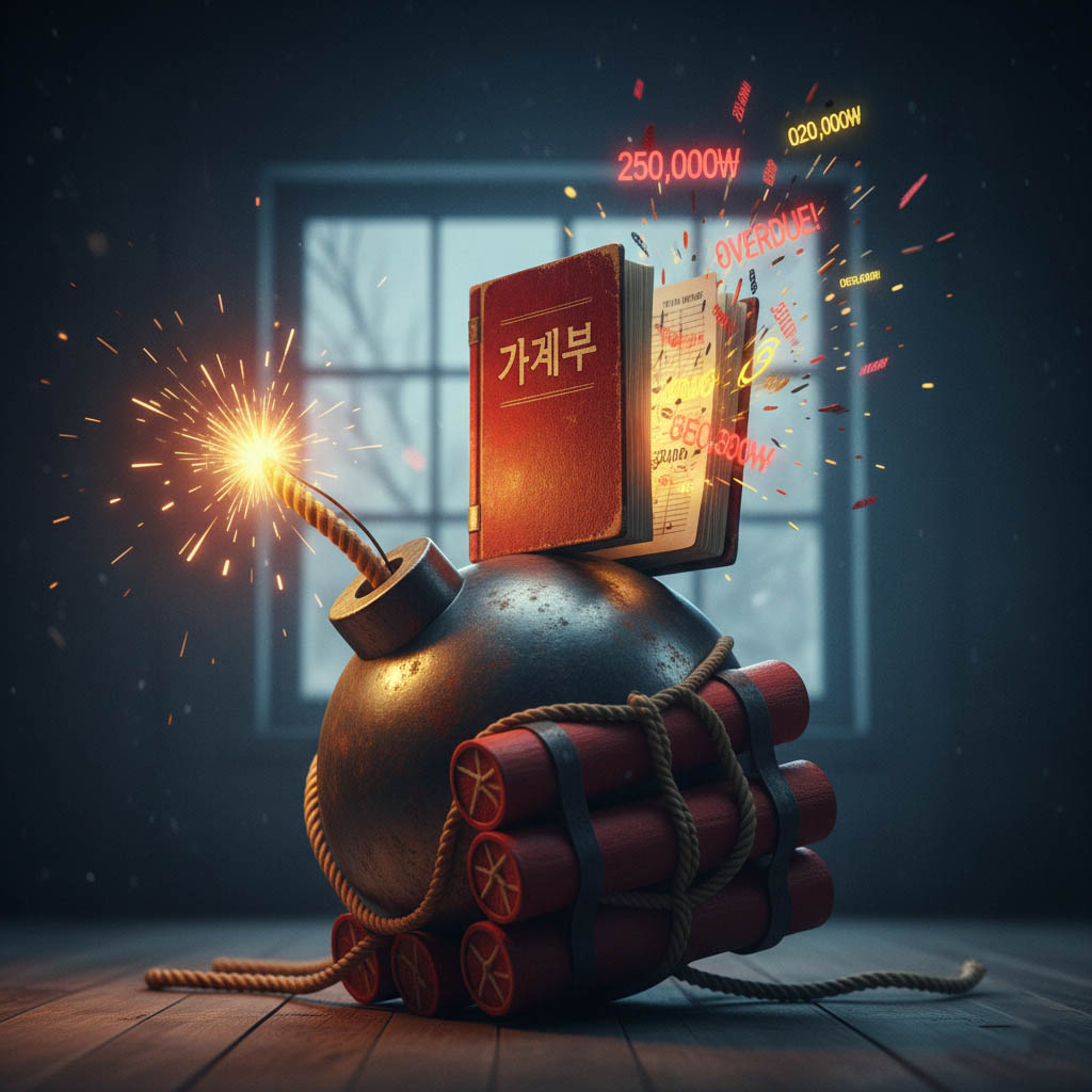 '난방비 폭탄'을 상징하는 폭탄 위에 가계부가 놓여 있고, 고액의 전기료 숫자가 터져 나오는 모습.