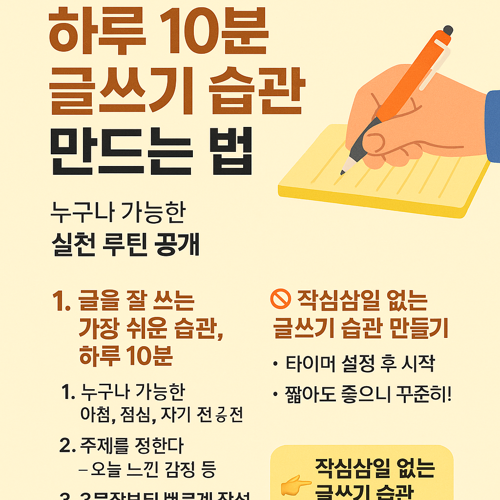 <p style="display:none;">
1. 글을 잘 쓰는 가장 쉬운 방법, 하루 10분
2. 누구나 가능한 실천 루틴 공개
3. 작심삼일 없는 글쓰기 습관 만들기
</p>