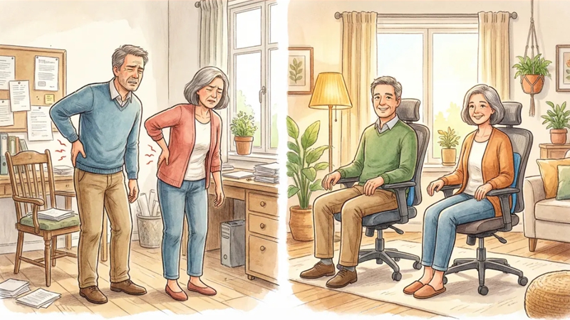 오랜 시간 서서 허리 통증을 겪던 중장년 남녀가 요추 지지 의자를 사용하며 편안함을 느끼는 모습