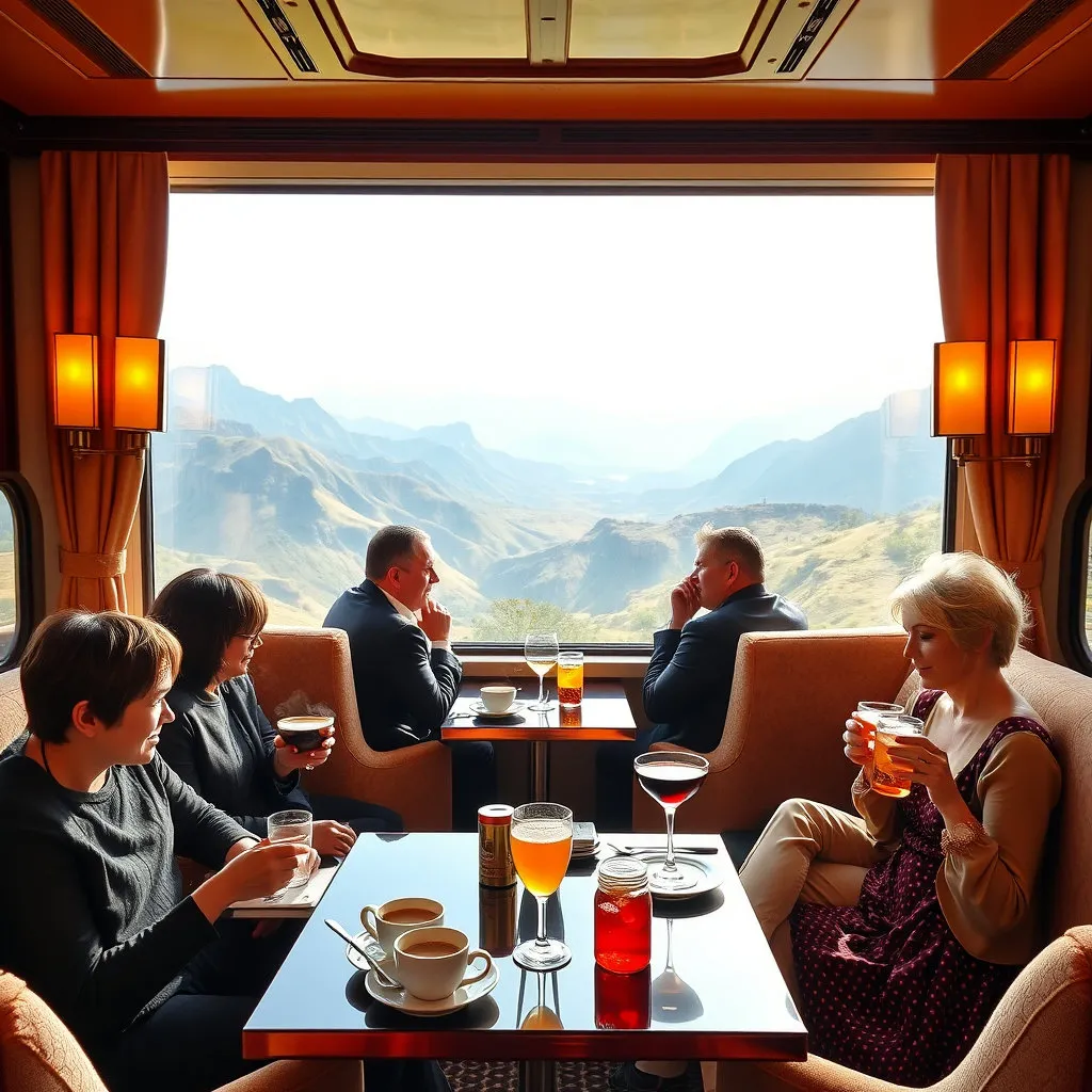 고급스러운 인테리어와 넓은 창밖으로 펼쳐지는 절경을 배경으로, 승객들이 커피나 칵테일을 여유롭게 즐기는 모습을 담아 해랑만의 특별한 경험을 보여줍니다. 밝고 활기찬 분위기.