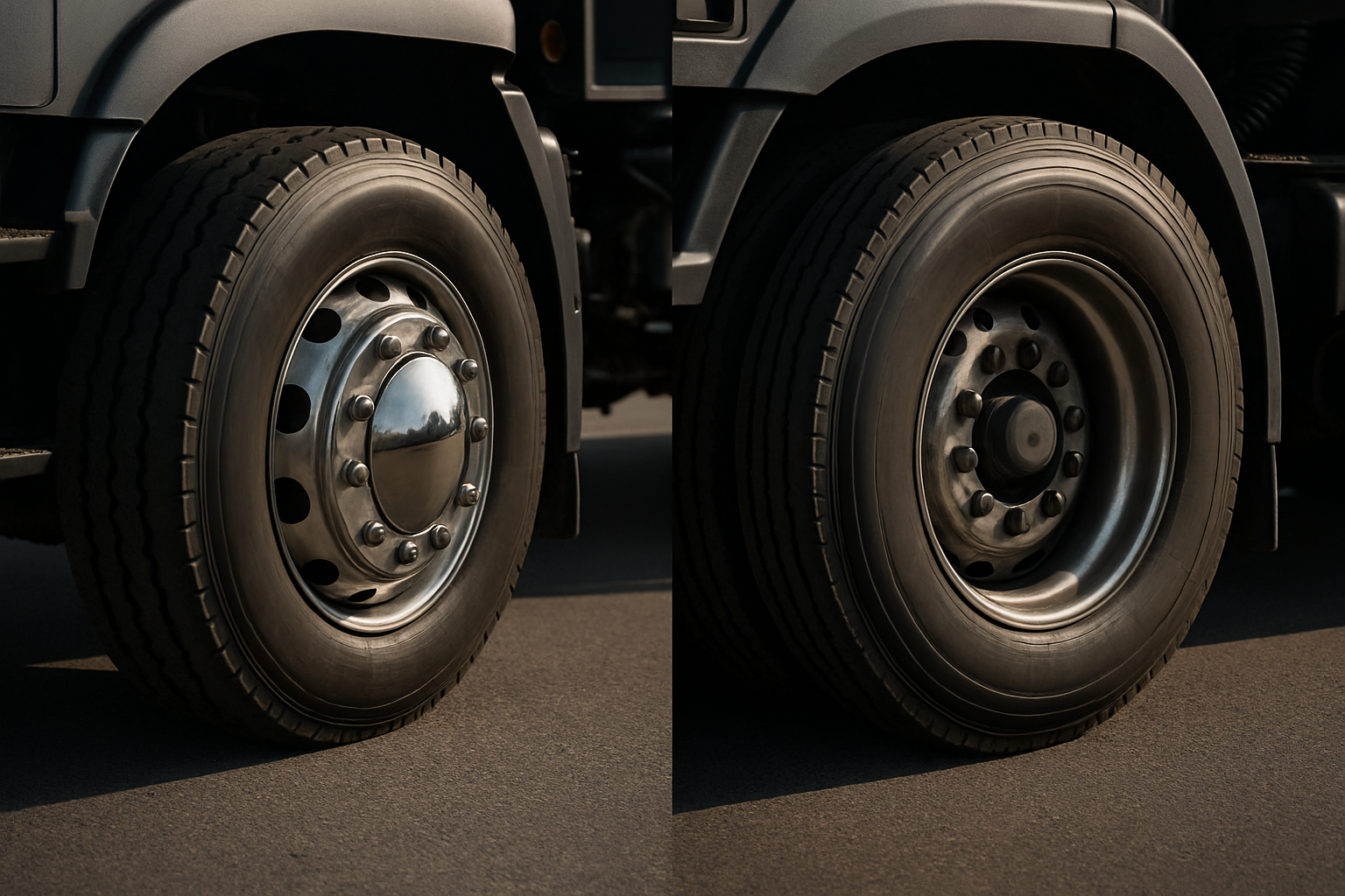 대형 트럭의 앞바퀴 휠과 뒷바퀴 휠의 차이를 대비적으로 보여주는 이미지