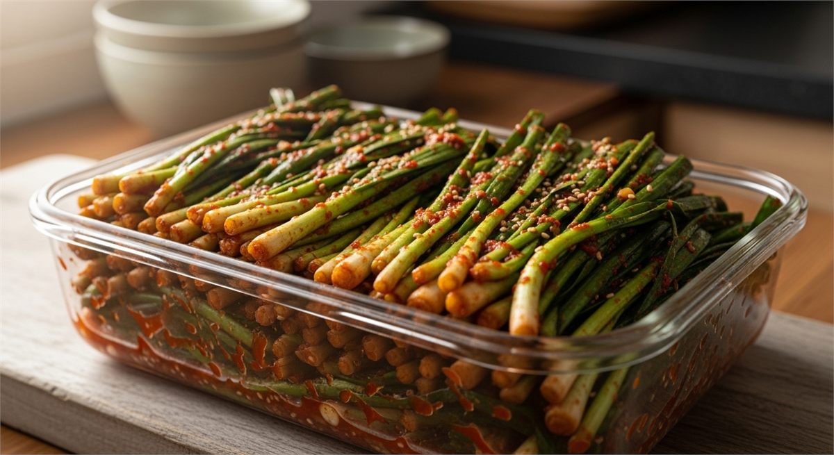 갓 만든 파김치를 유리 용기에 담아 정리한 모습