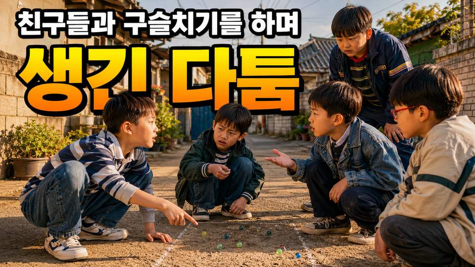 골목 흙바닥의 구슬치기 원 앞에서 두 아이가 서로 주장하고 주변 친구들이 지켜보는 모습