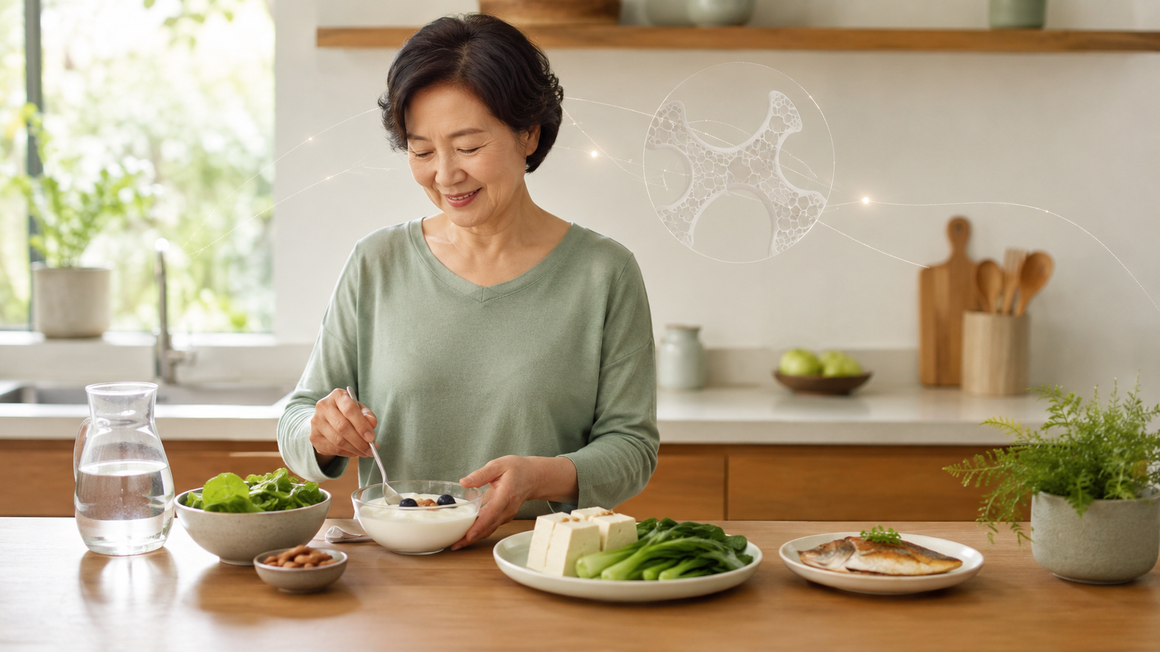 폐경 이후 뼈 건강을 위해 칼슘과 비타민D가 포함된 식품을 살펴보는 60대 여성