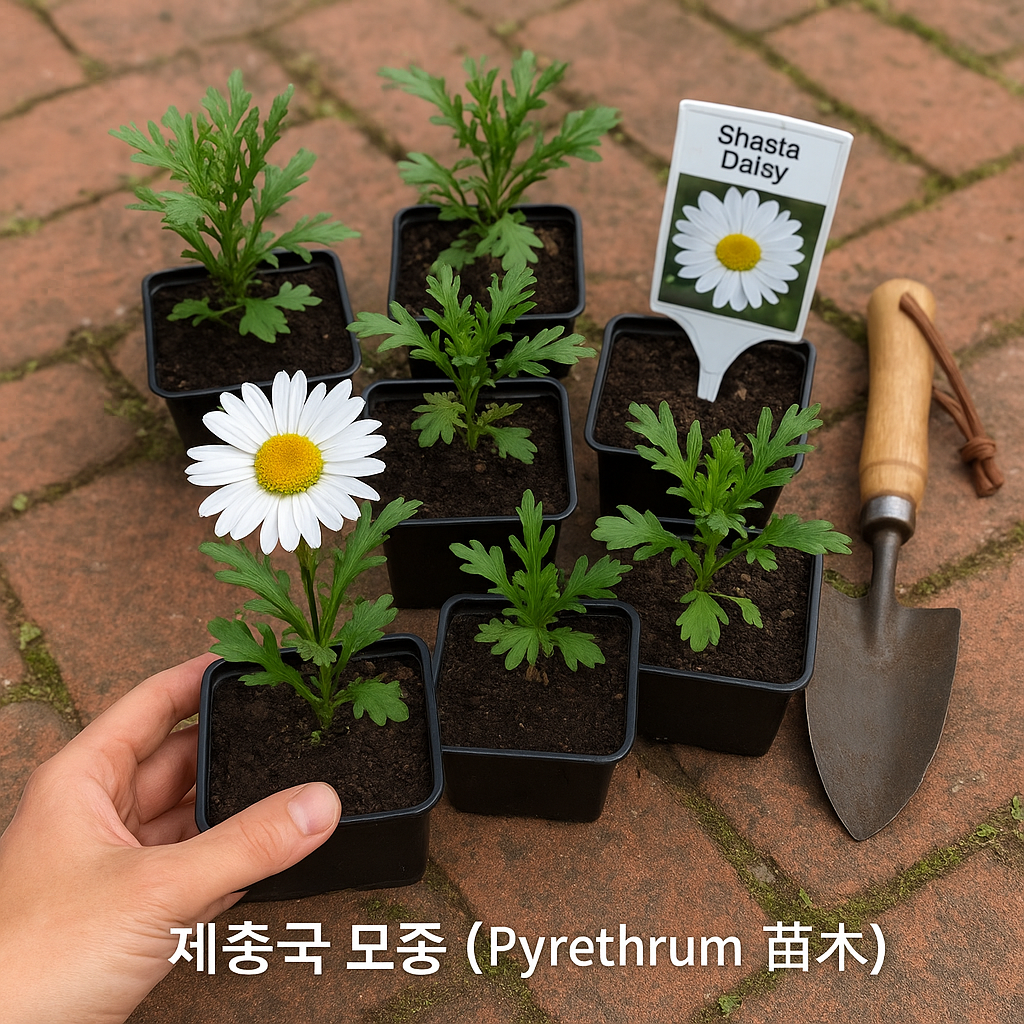 테라코타 벽돌 위에 배열된 제충국 모종 6개, 검정 플라스틱 화분에 심겨 있고, 한 손이 꽃이 핀 모종을 잡고 있으며, 옆에는 작은 흙삽과 식물 이름표가 놓여 있음