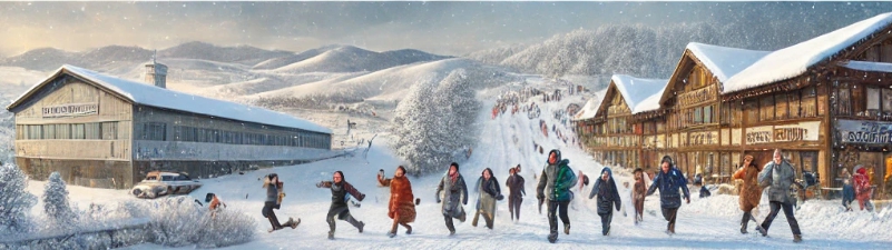 많은 사람들이 눈오는날 즐겁게 노는 모습