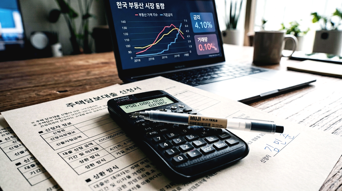 주담대 금리 인상에 맞춰 원리금 상환액을 계산하기 위해 놓인 계산기와 대출 서류