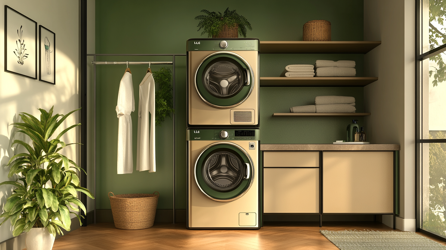 세련된 디자이너 세탁실 내부, 녹색과 베이지 톤으로 조화를 이룬 인테리어와 완벽히 어우러지는 LG 트롬 워시타워의 모습입니다.