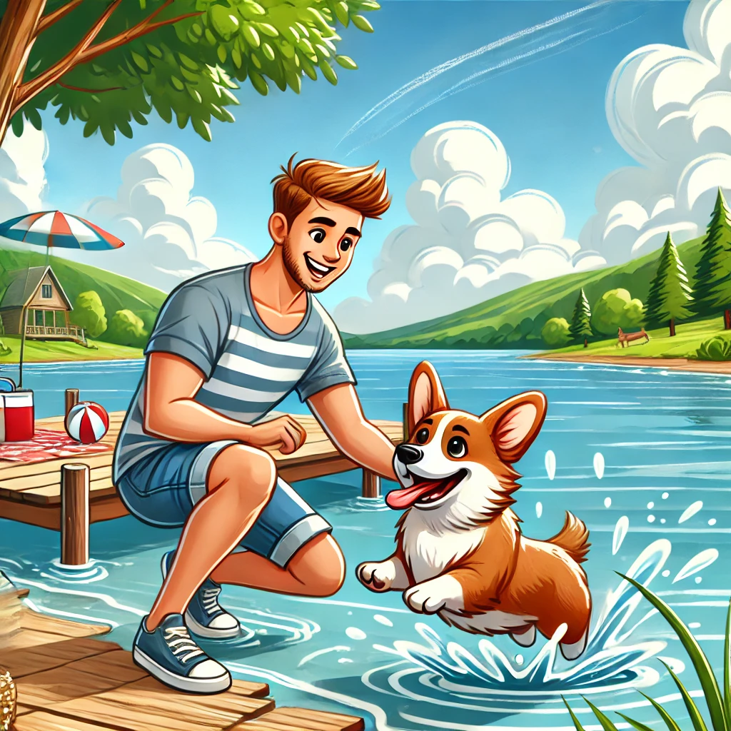 여름 호숫가에서 코기와 주인의 물놀이