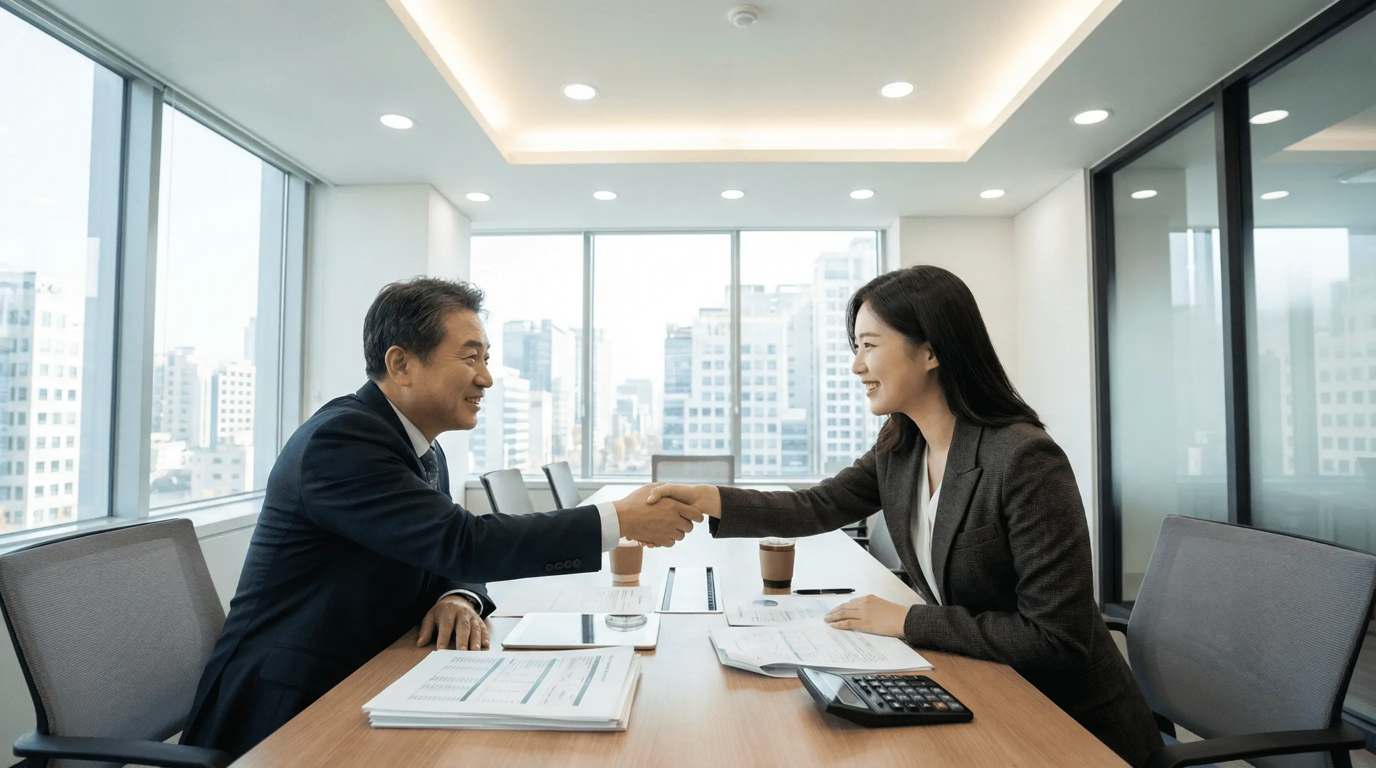 세무 전문가와 상담하며 법인 기숙사 취득세 절세 전략을 확정하고 안도하는 법인 대표의 모습